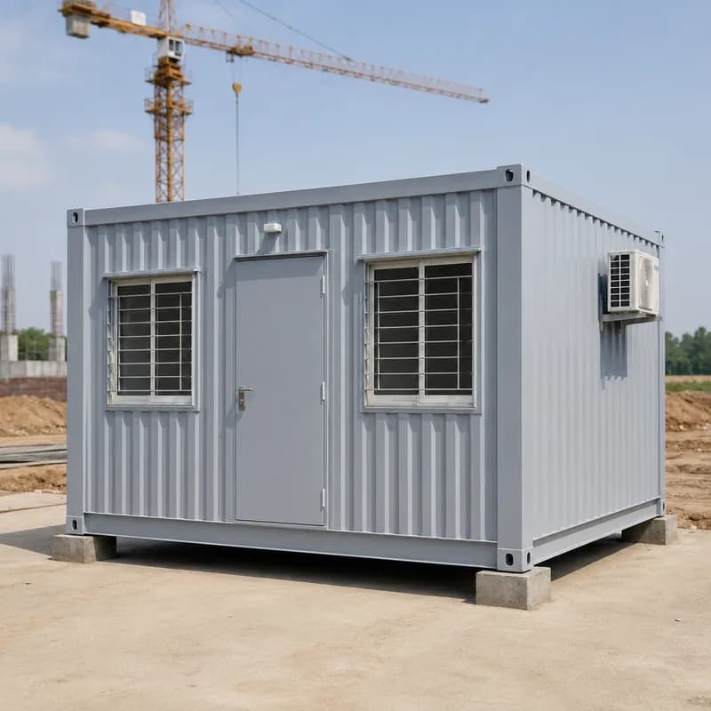 New MS corrugated portable cabin site office with grilled windows and AC unit at an Indian construction site