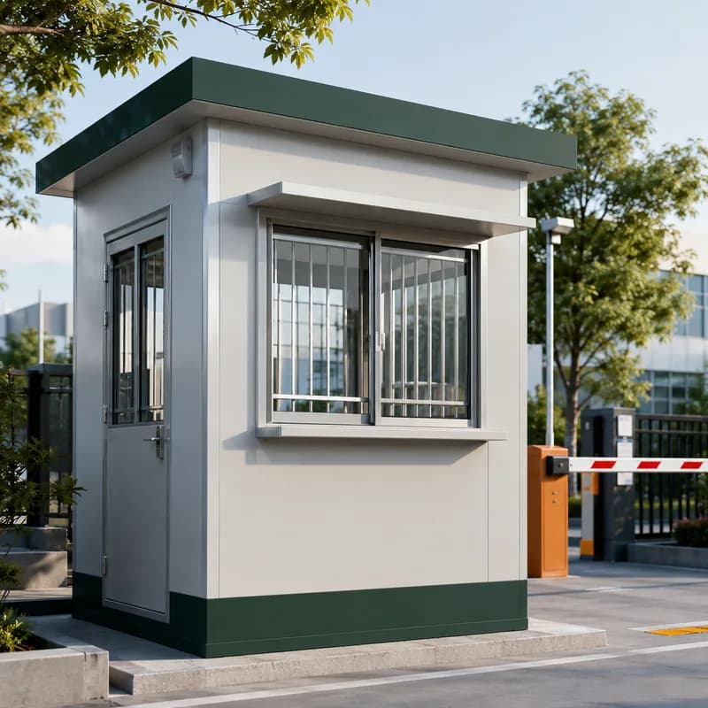 Compact MS steel security guard cabin with grilled observation windows at a factory gate in India