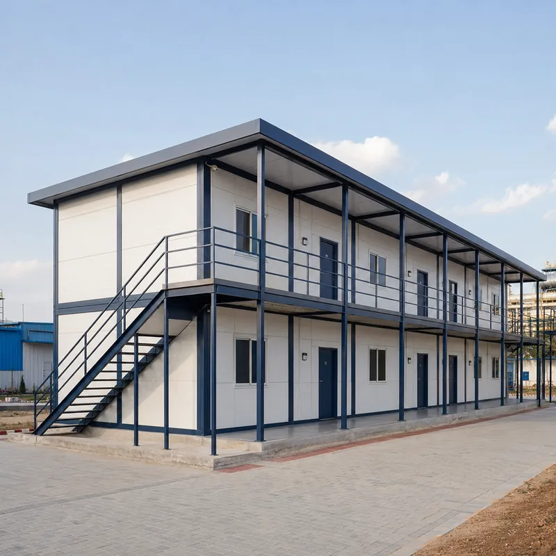 Rows of new prefab labour colony units with walkway and drainage at an Indian construction project