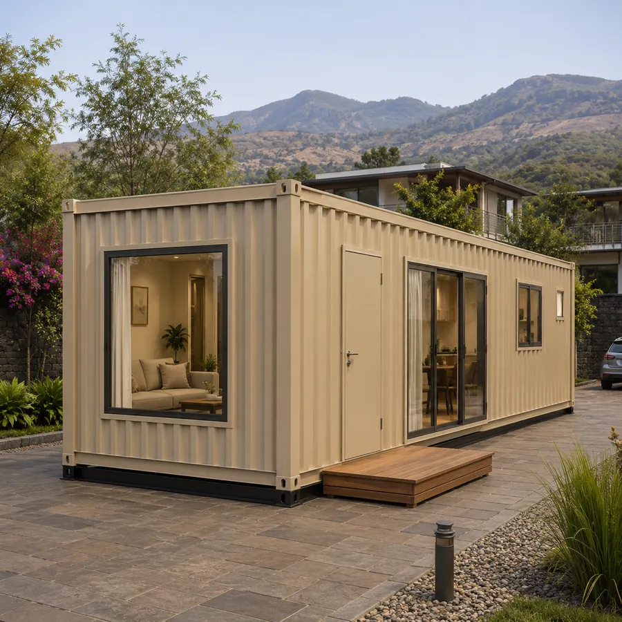 Front-right hero view of a 20x10 ft container house, cream cladding with a pale base, on paving with planted borders and mountains behind