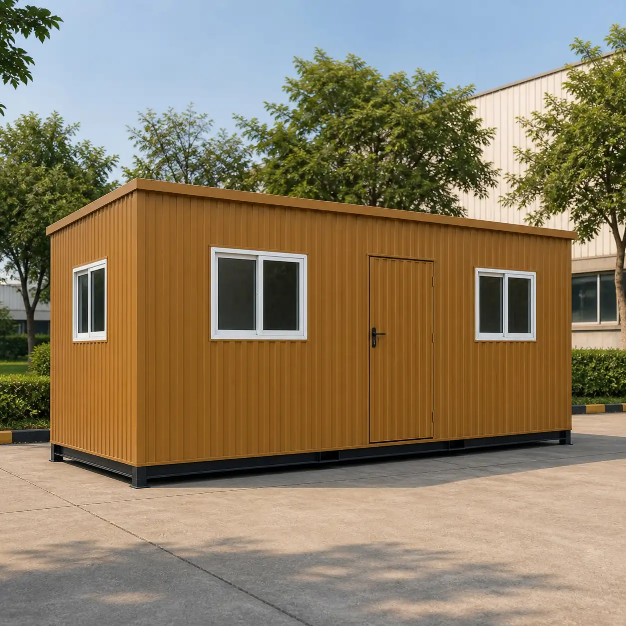 Desert Ochre 20x10 ft porta cabin, door centred between sliding windows on the long wall