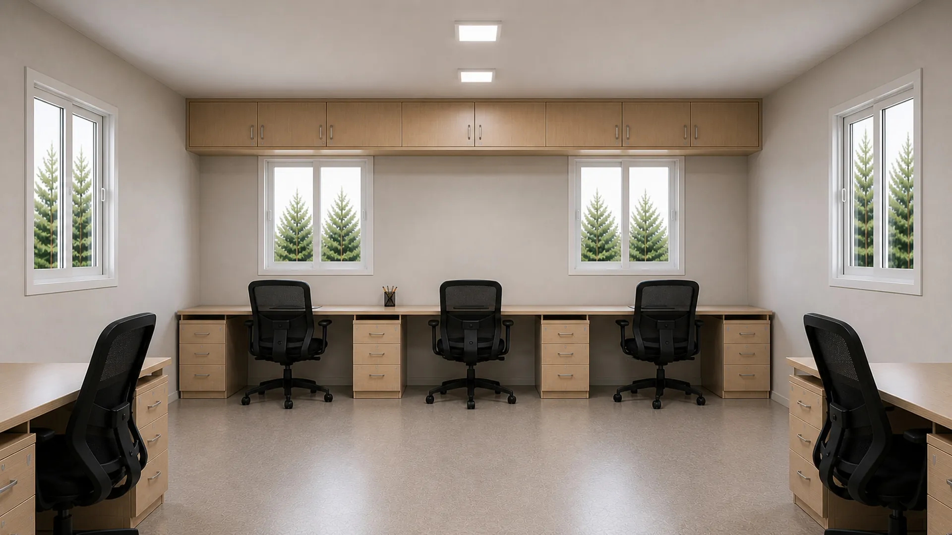 Soft Clay Greige 20x12 ft interior showing the wide aisle between facing workstation runs