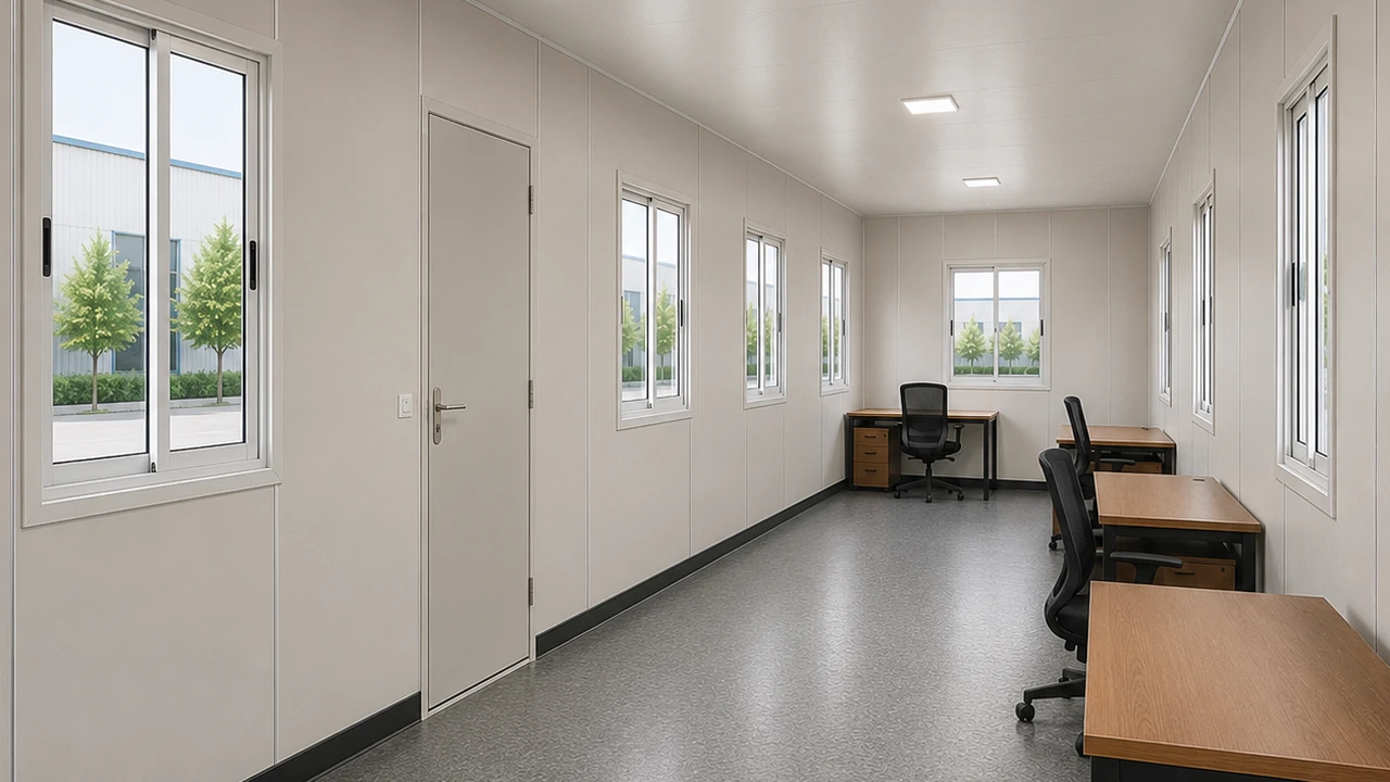 Long interior of a 40x10 ft porta cabin with lined walls, window row and desks arranged as work zones